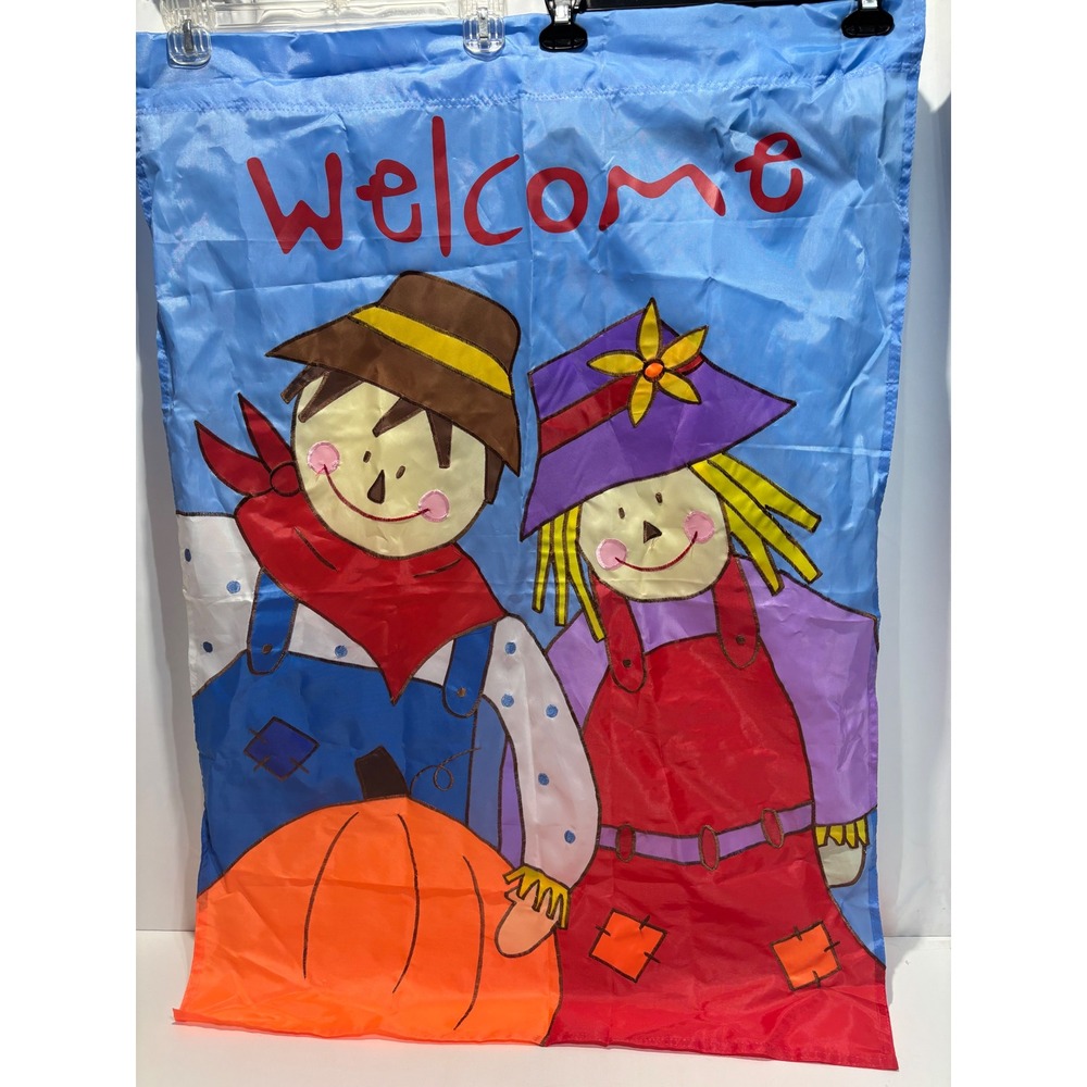 Vintage Scarecrow Welcome Fall Garden Flag Large Blue Orange Applique 28x40